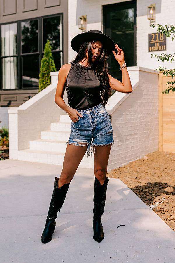 Renegade Ruched Satin Top In Black