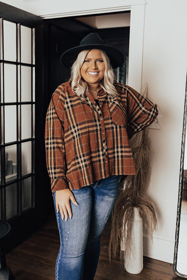 Wait List Plaid Top In Dark Camel Curves