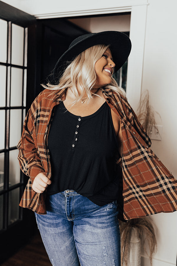 Wait List Plaid Top In Dark Camel Curves