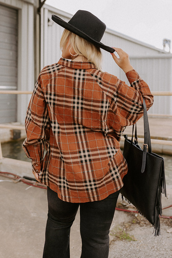 Wait List Plaid Top In Dark Camel Curves