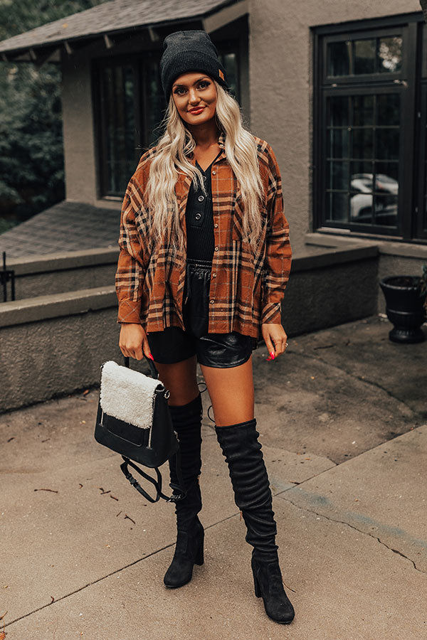 Wait List Plaid Top In Dark Camel