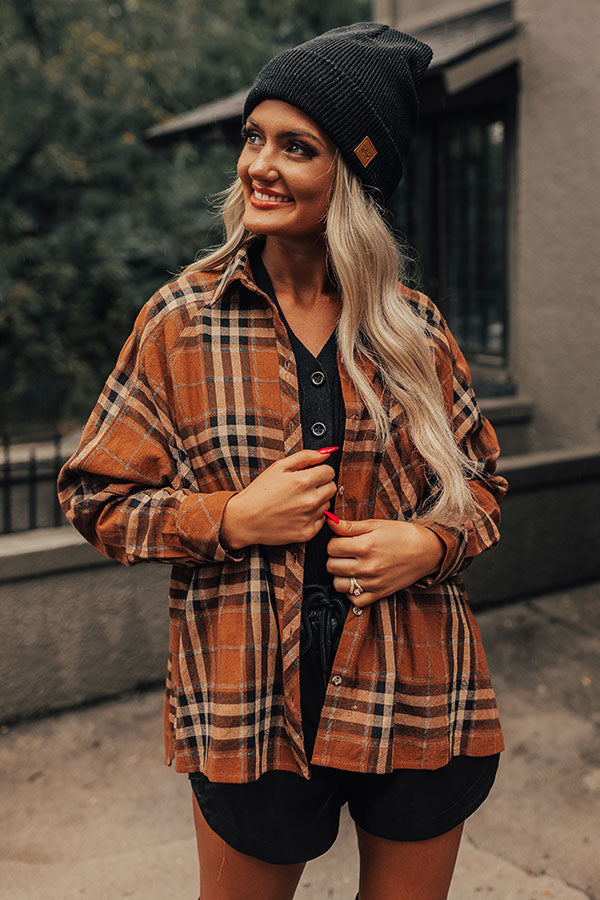 Wait List Plaid Top In Dark Camel