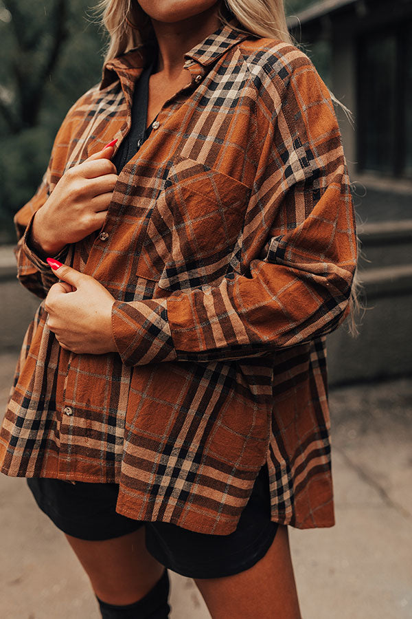 Wait List Plaid Top In Dark Camel