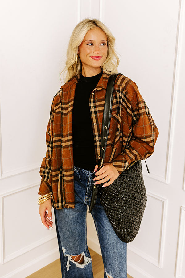 Wait List Plaid Top In Dark Camel