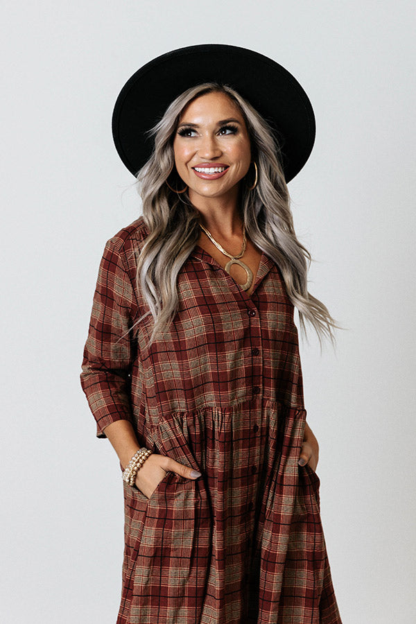 Cherry Mood Plaid Tunic Dress in Wine