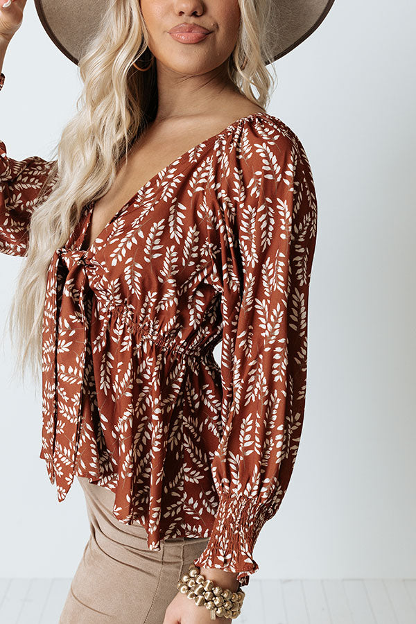 Stolen Moment Floral Front Tie Top In Rust
