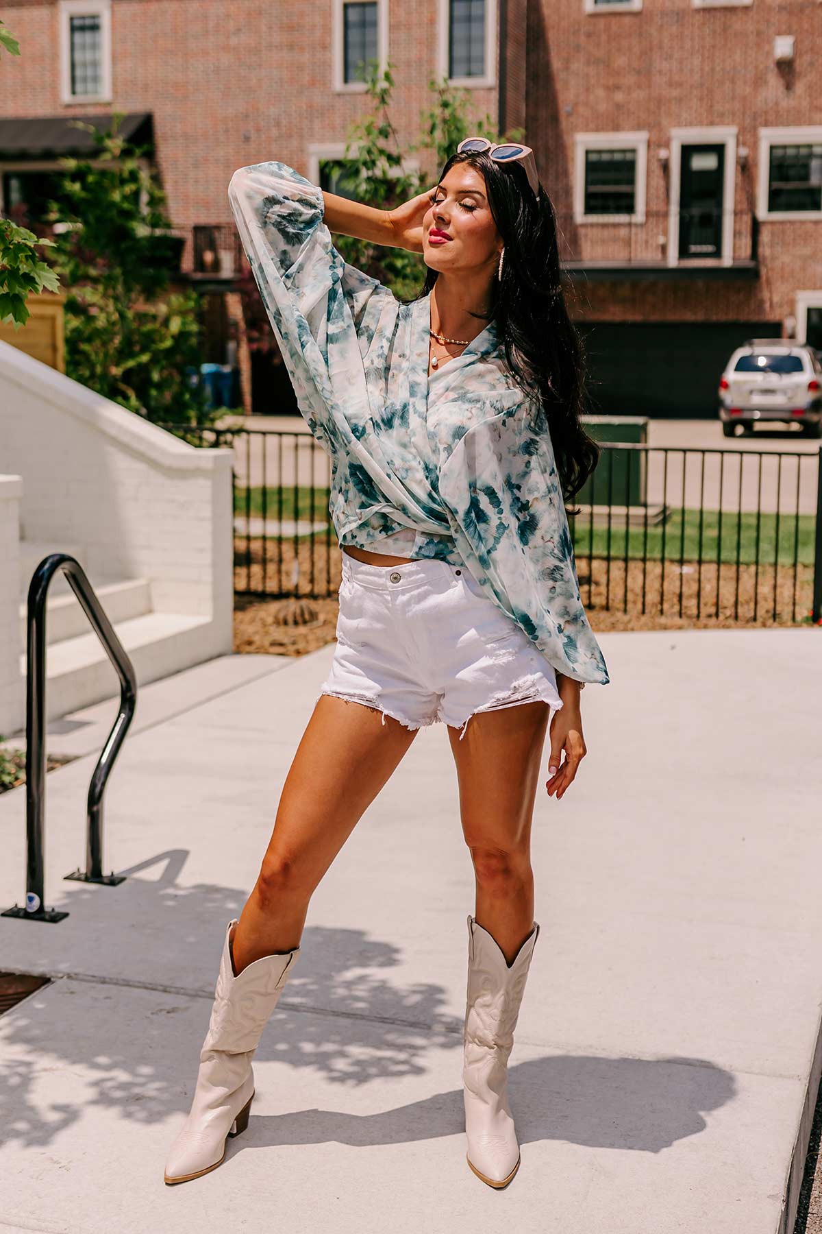 Somewhere Tropical Watercolor Tie Top In Dark Teal