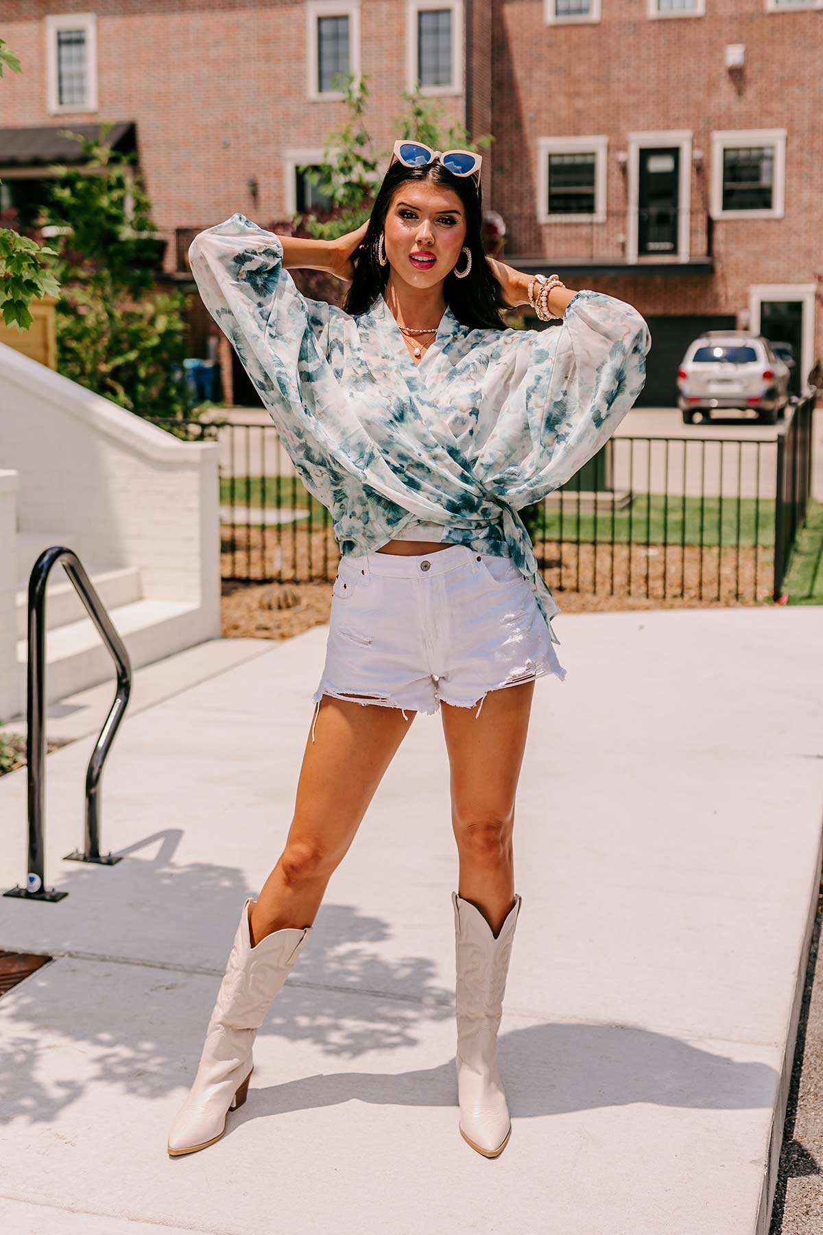 Somewhere Tropical Watercolor Tie Top In Dark Teal