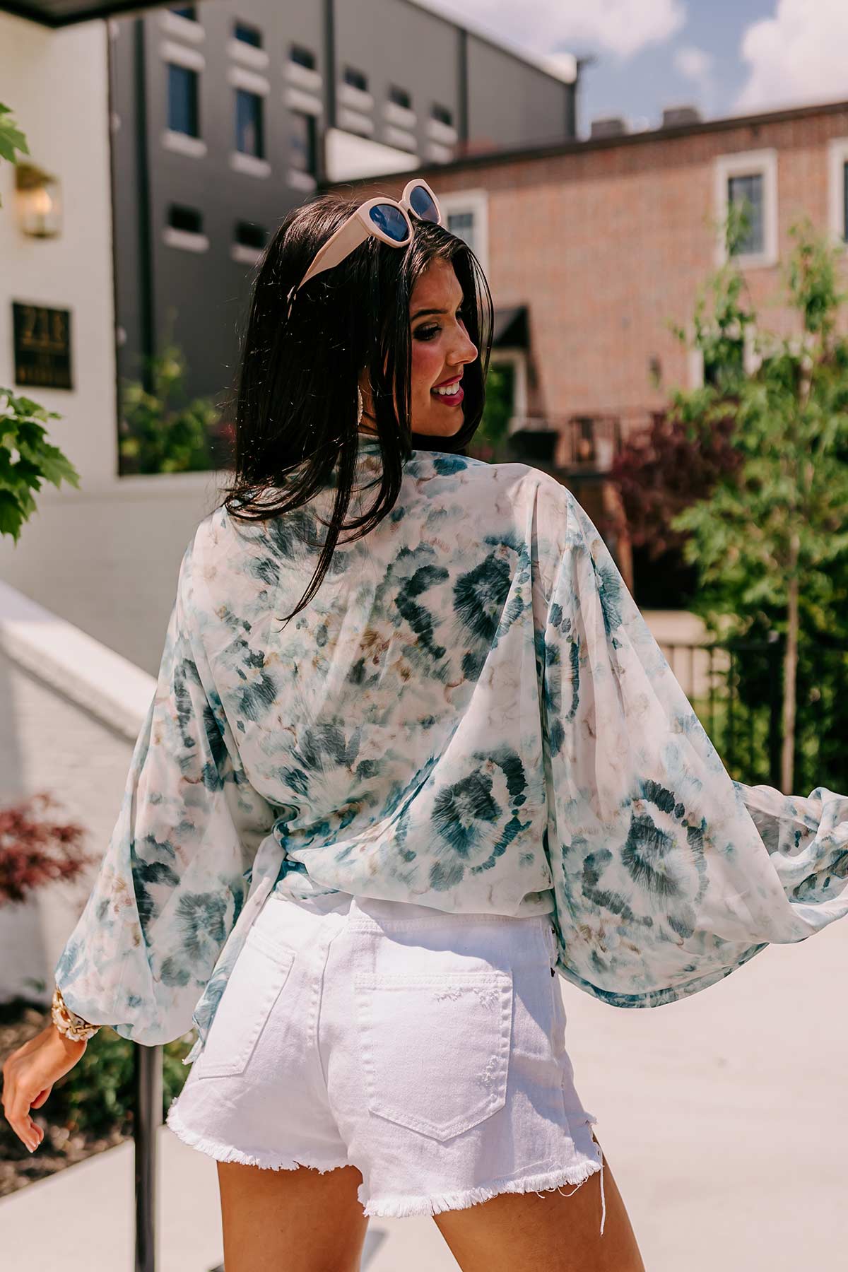 Somewhere Tropical Watercolor Tie Top In Dark Teal