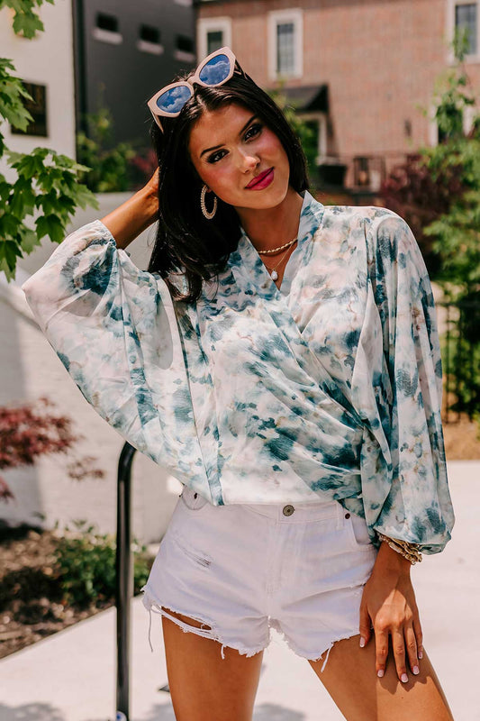 Somewhere Tropical Watercolor Tie Top In Dark Teal