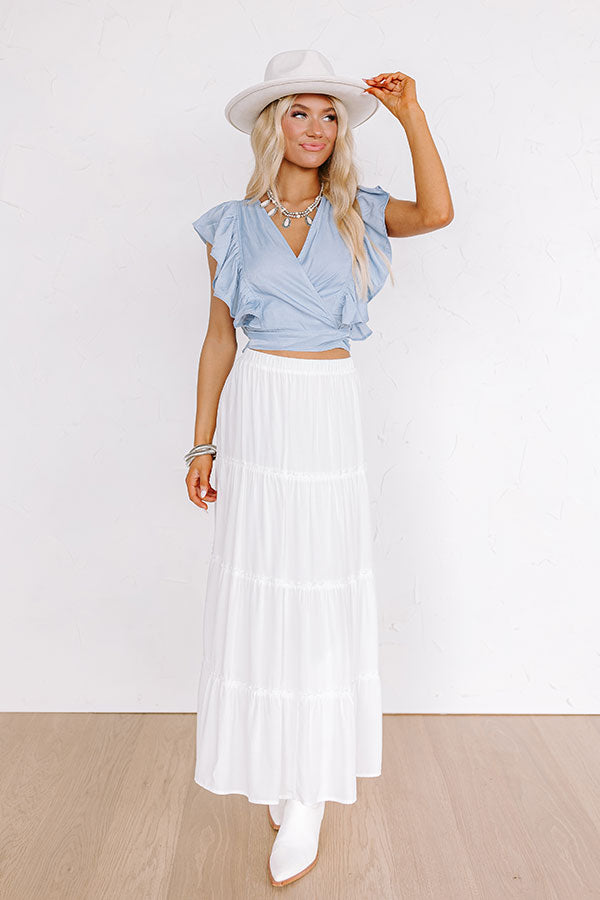 Summer Glow Chambray Wrap Top In Light Wash
