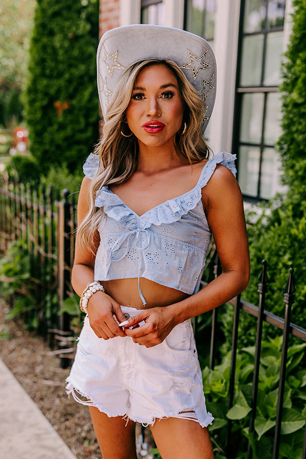 Cabo Beaches Eyelet Crop Top In Sky Blue