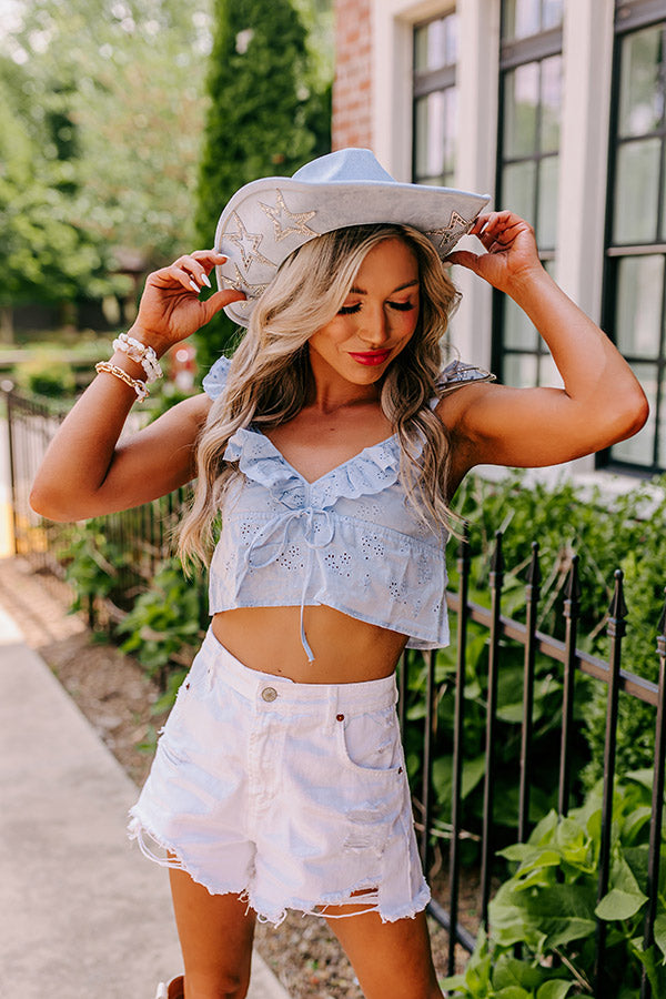 Cabo Beaches Eyelet Crop Top In Sky Blue