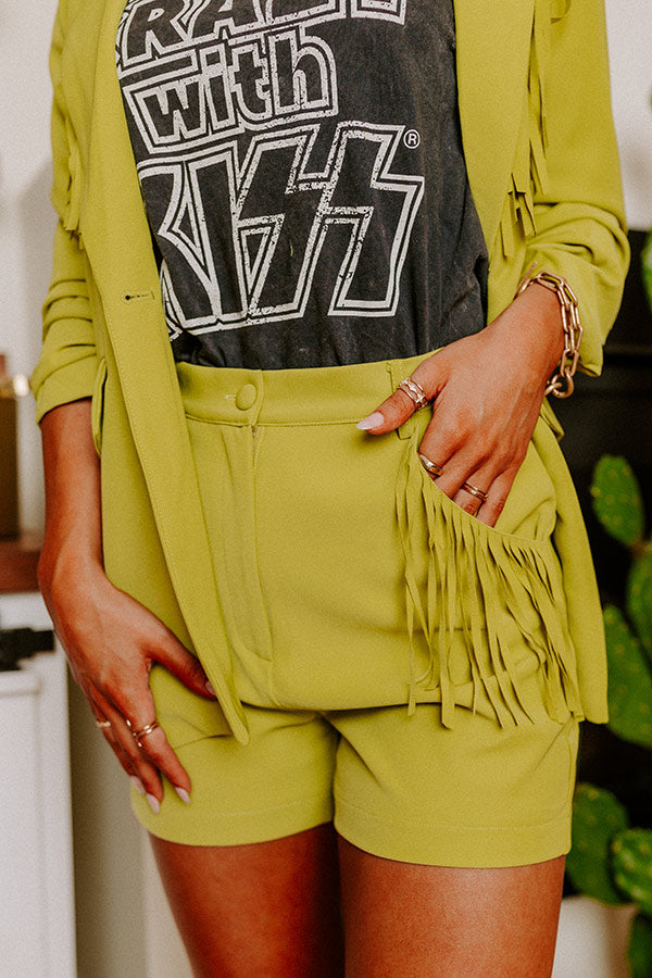 The Queenie High Waist Fringe Shorts in Lime Punch