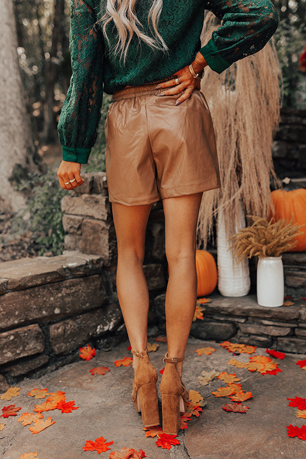 The Gibby High Waist Faux Leather Shorts In Brown