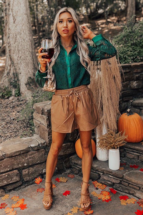 The Gibby High Waist Faux Leather Shorts In Brown