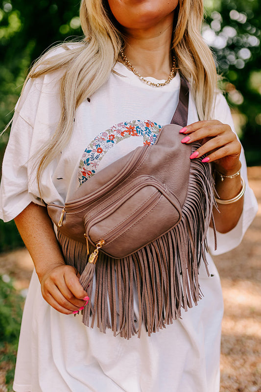 Trip Of My Life Fringe Fanny Pack In Taupe