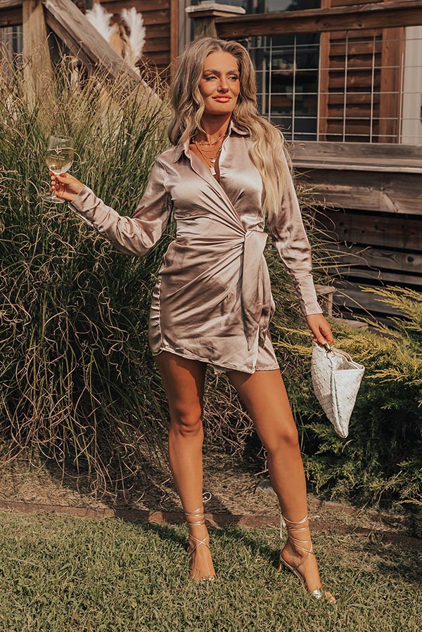 Whirl The Night Away Wrap Dress In Taupe