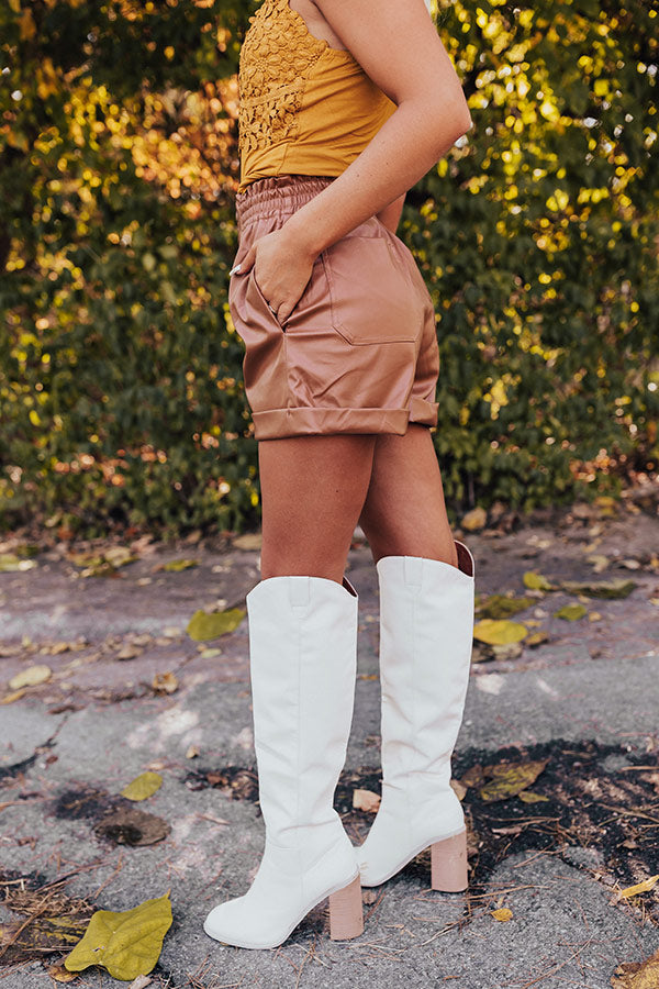 Called To Be Cute Faux Leather Shorts In Camel