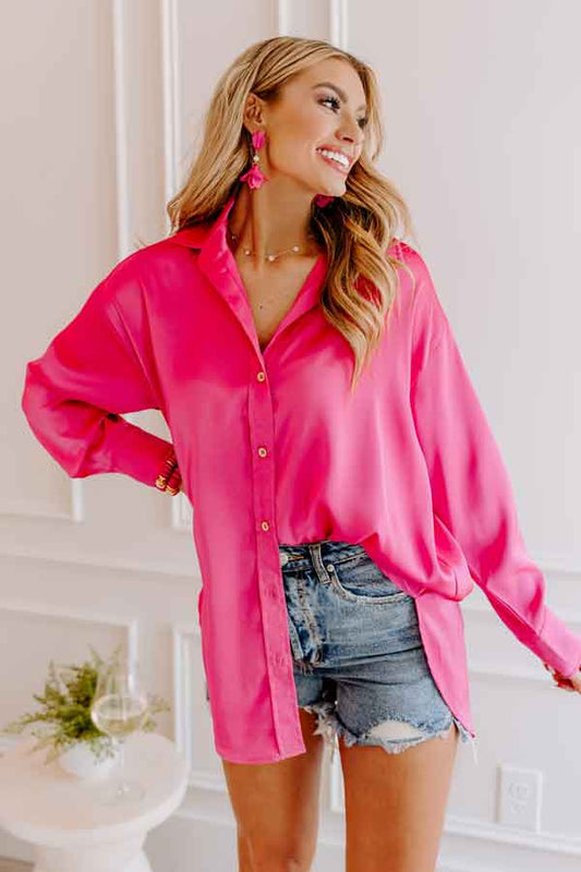 Simply Charmed Button Up Top In Hot Pink