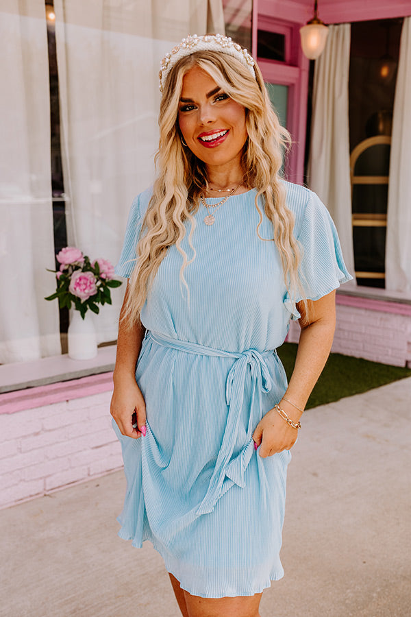Flight Miles Pleated Dress In Sky Blue Curves