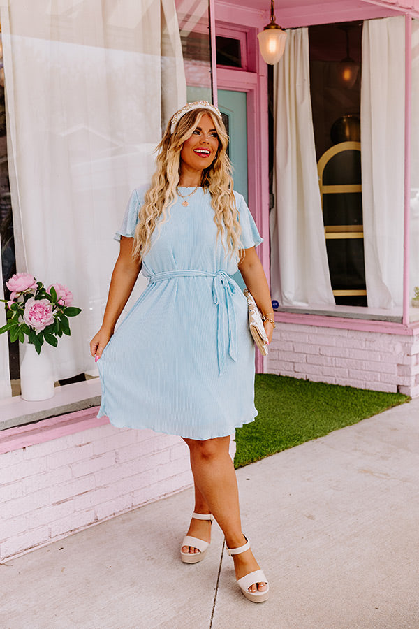 Flight Miles Pleated Dress In Sky Blue Curves