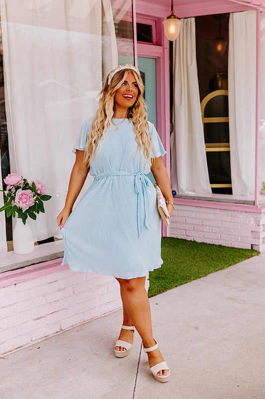 Flight Miles Pleated Dress In Sky Blue Curves
