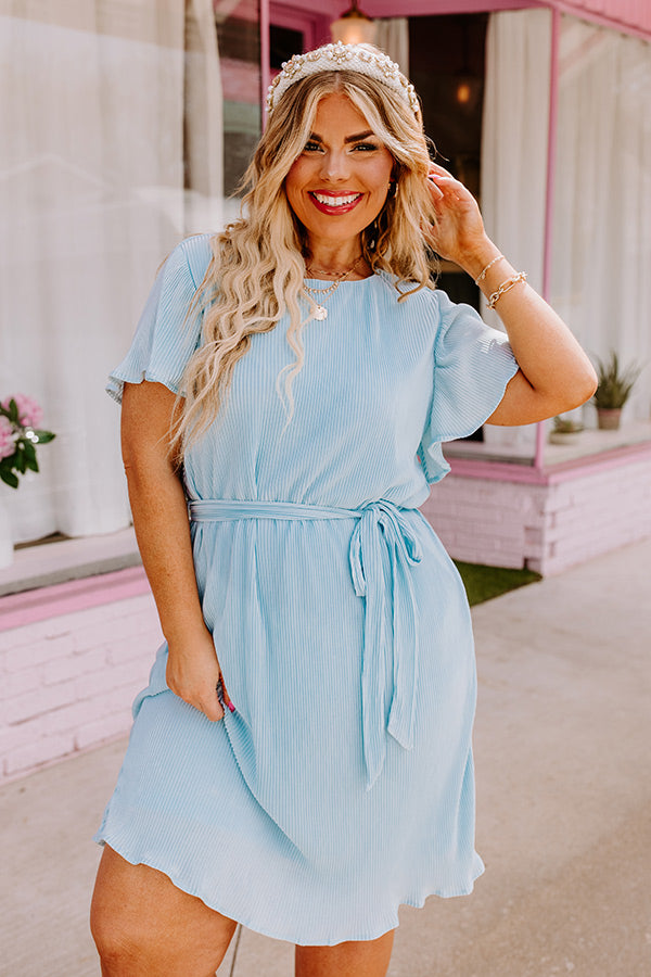 Flight Miles Pleated Dress In Sky Blue Curves