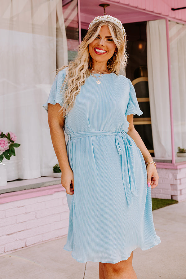 Flight Miles Pleated Dress In Sky Blue Curves