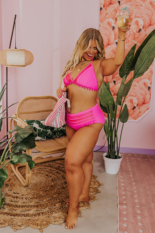 Cozumel Adventure High Waist Pom Bikini Bottom in Hot Pink Curves