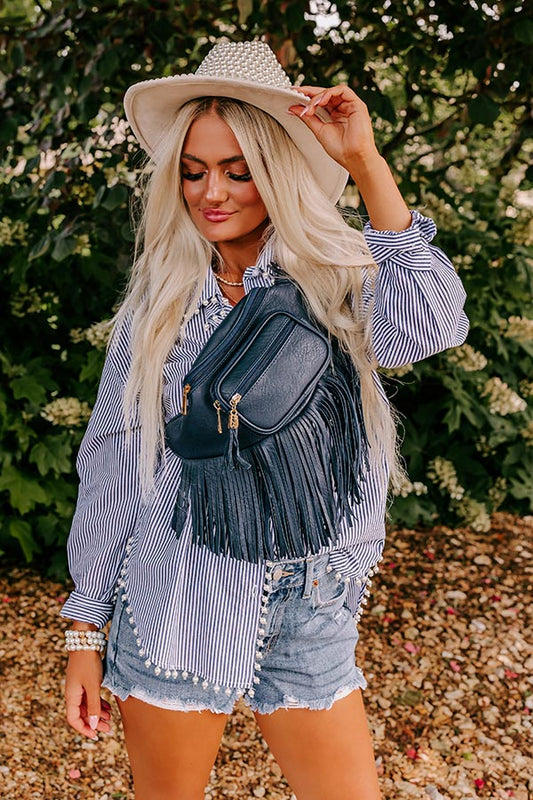 Trip Of My Life Fringe Fanny Pack In Navy