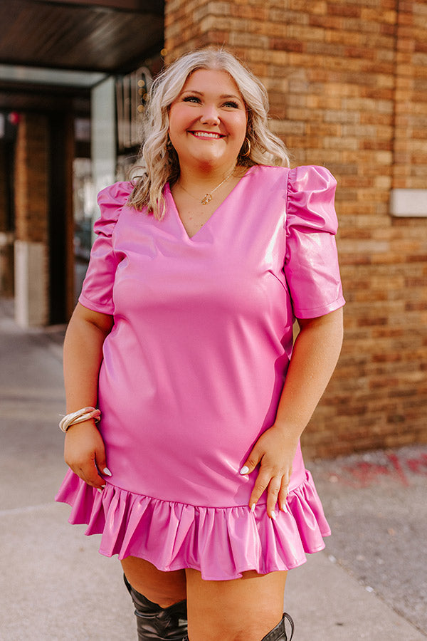 Stylish Setting Faux Leather Mini Dress in Pink Curves