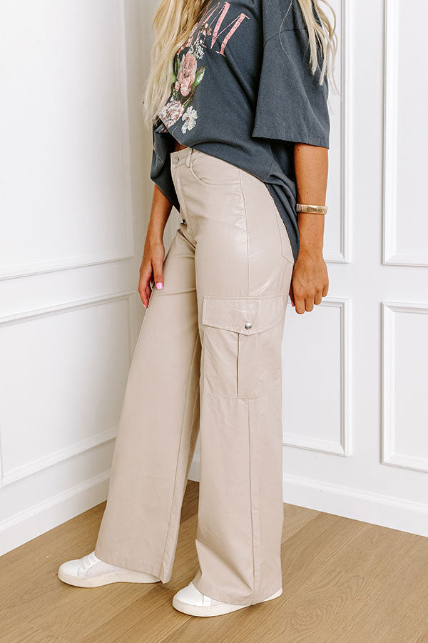 The Jamilet Faux Leather Cargo Pants In Light Birch