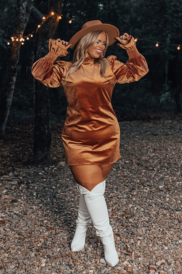 Fashionably Late Velvet Mini Dress In Camel Curves