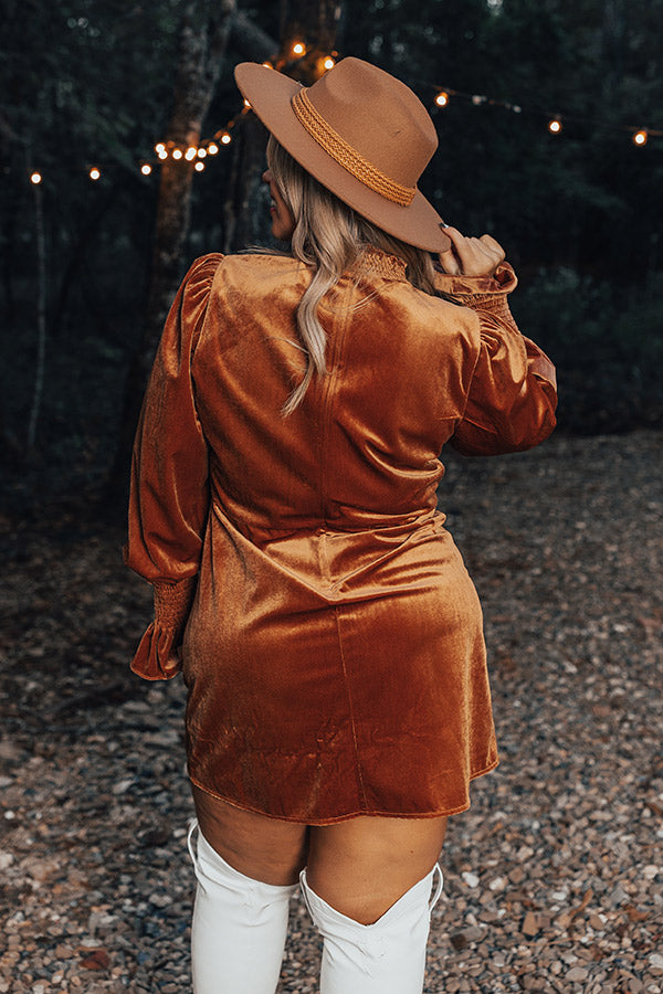 Fashionably Late Velvet Mini Dress In Camel Curves