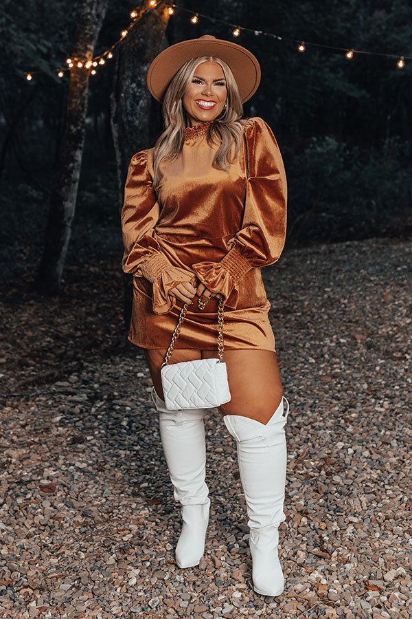 Fashionably Late Velvet Mini Dress In Camel Curves