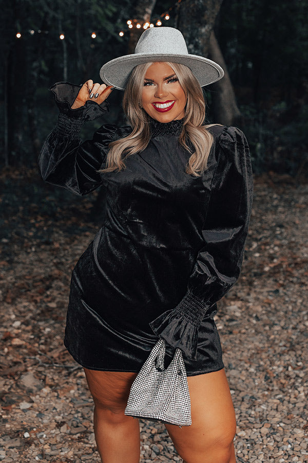 Fashionably Late Velvet Mini Dress In Black Curves