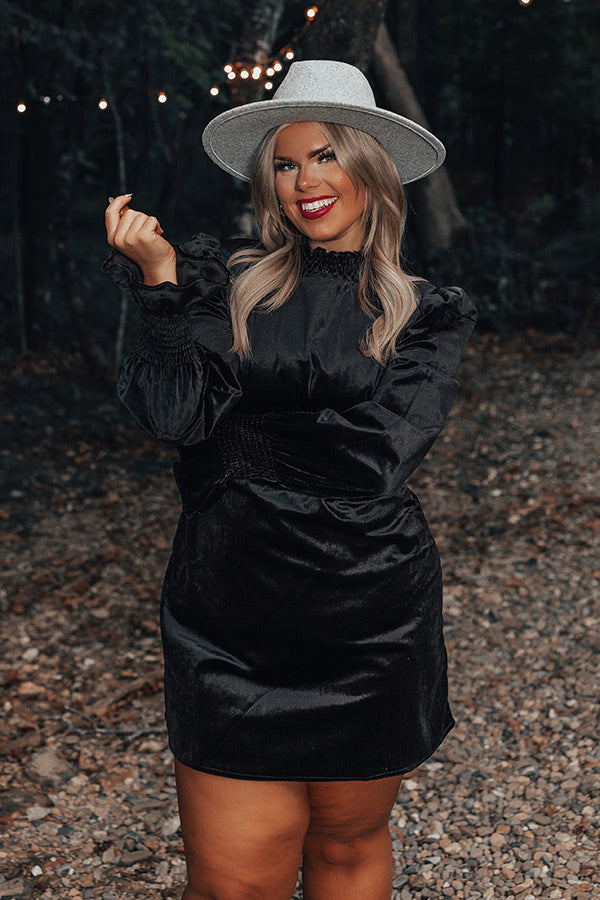 Fashionably Late Velvet Mini Dress In Black Curves