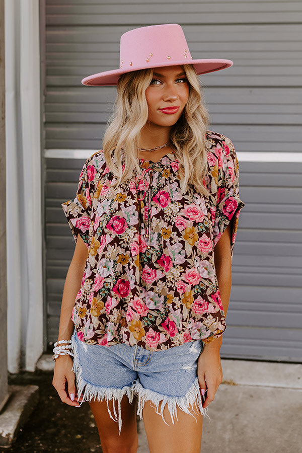 Florals Forward Chiffon Top in Brown