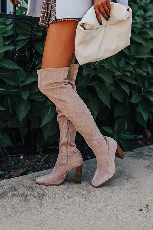 The Scarlett Faux Suede Thigh High Boot In Warm Taupe