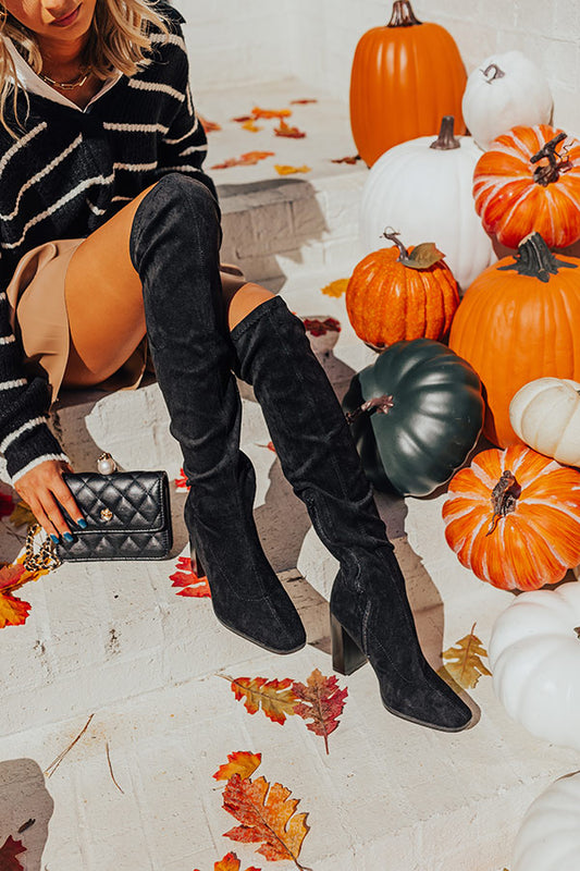 The Scarlett Faux Suede Thigh High Boot In Black