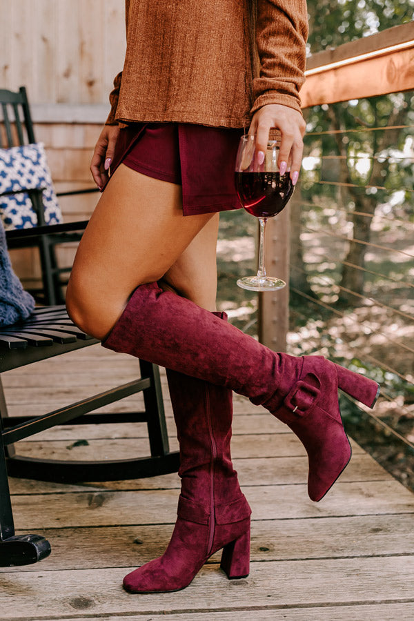 The Adeline Faux Suede Knee High Boot In Maroon