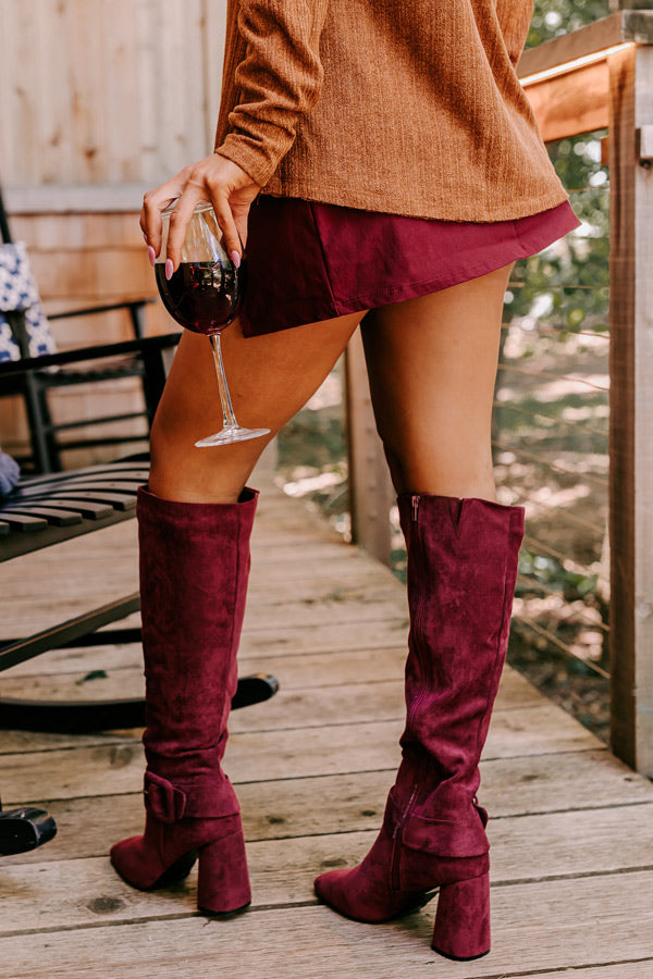 The Adeline Faux Suede Knee High Boot In Maroon