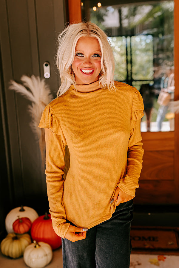 Fashionably Late Ruffle Top in Camel