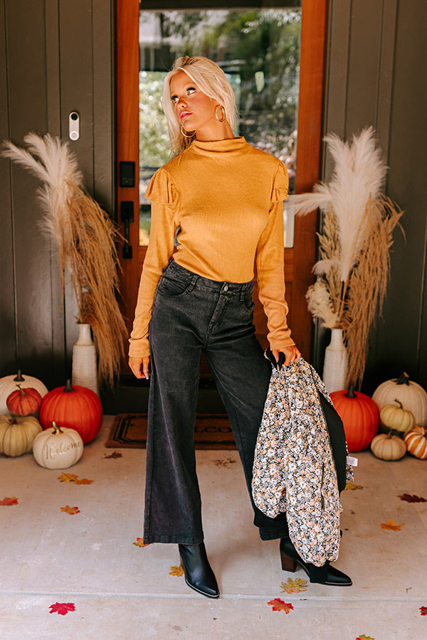 Fashionably Late Ruffle Top in Camel