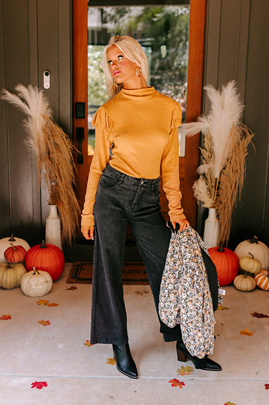 Fashionably Late Ruffle Top in Camel