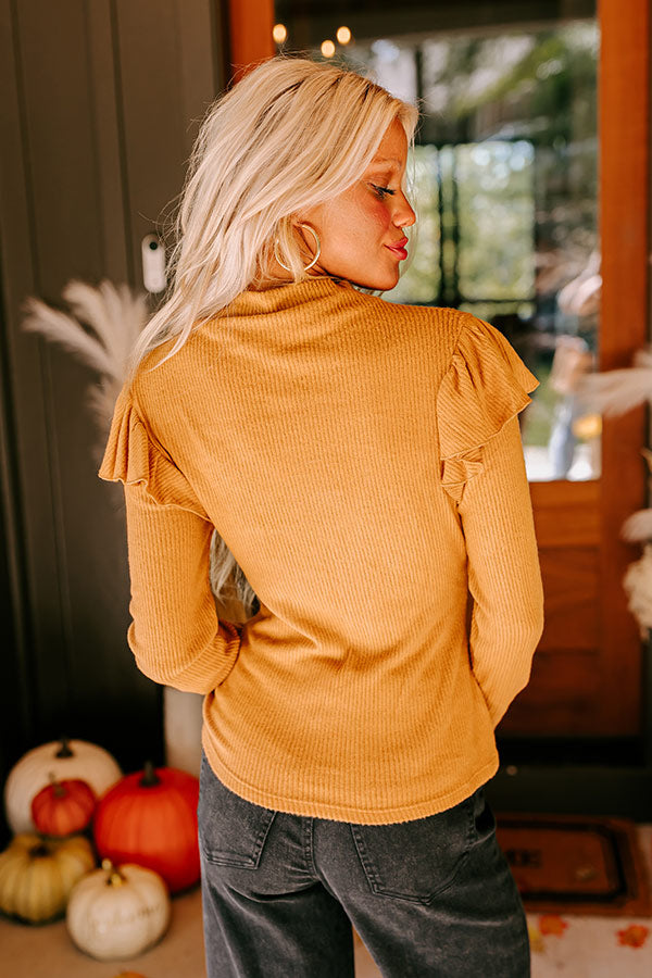 Fashionably Late Ruffle Top in Camel
