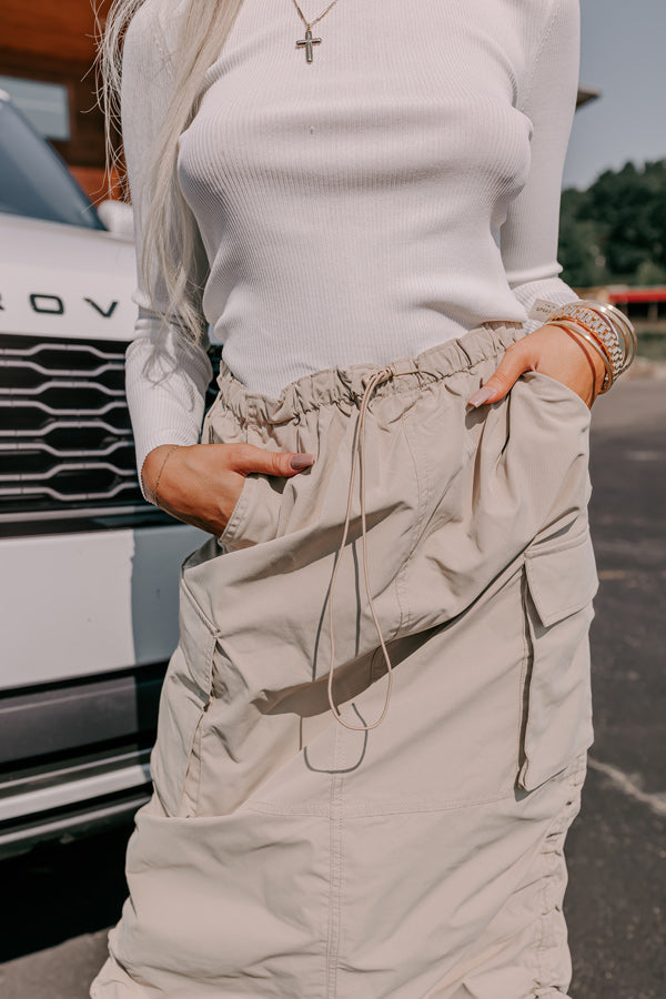 Cool Energy Cargo Midi Skirt in Warm Taupe