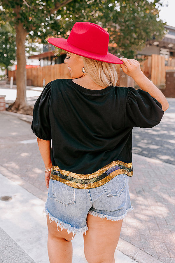 Ready To Tailgate Sequin Shift Top In Gold Curves