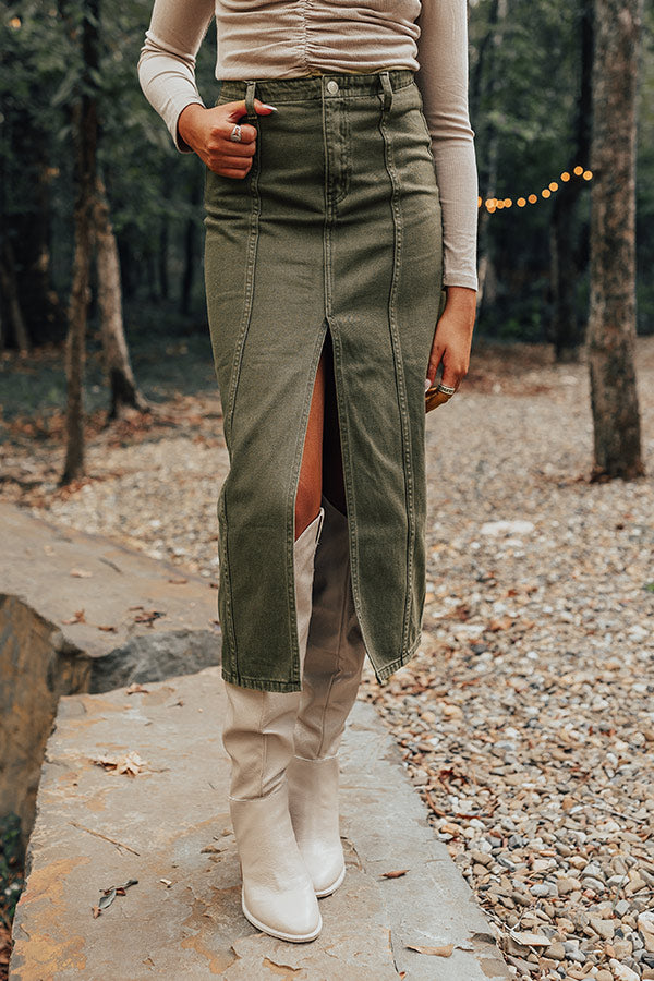 The Maris High Waist Denim Skirt in Olive